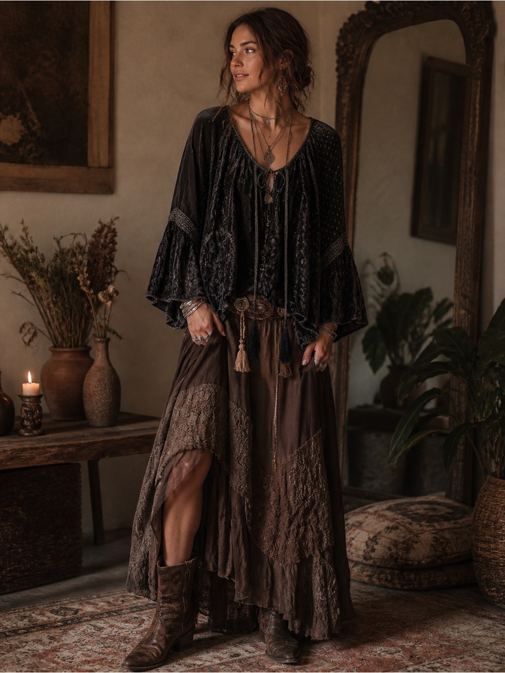 Young Threads Boho Tunic Top NWT Black Velvet Peasant Blouse Size L